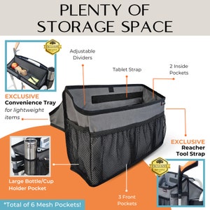 FEATURES: Patent pending flip-down convenience tray,  cane strap, 3 spacious front mesh pockets, 1 spacious side mesh pocket (can be used as a cup holder), 2 private inside pockets, 2 adjustable dividers (can also put a bottle in this compartment).