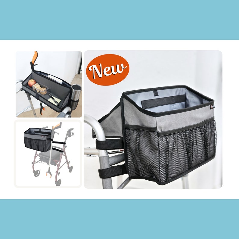 Walker basket with small flip-down tray to place small items conveniently in front of you, such as glasses, phone, small snacks, etc. Also has a small strap to hold a cane or umbrella conveniently with the walker bag, and 6 pockets, 1 is a cup holder