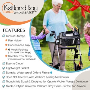 Grandmother in the park with grandkids in the park as she uses her rollator with walker basket attached carrying all her necessities such as an umbrella, coffee mug, sunglasses, lotion, hand sanitizer, tablet, a book, and her reacher tool