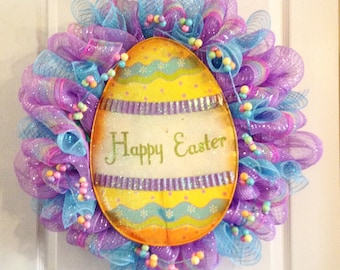 Easter Wreath/ SALE/ Happy Easter Wreath/ Easter Egg Wreath/  Deco Mesh Easter Wreath/ Easter Door Decor