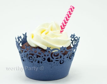 Stars Navy Blue Shimmer - Elegant Laser Cut Lace Cupcake / Muffin  Wrappers - (set of 12)