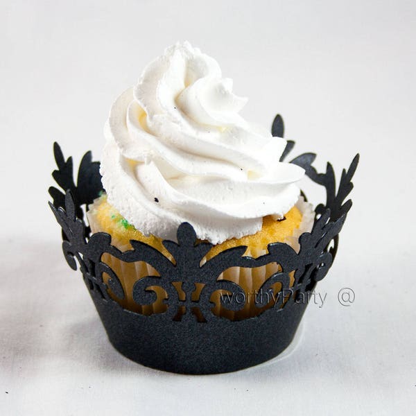 Damask Filigree Black Charcoal Shimmer - Elegant Laser Cut Lace Wedding Cupcake / Muffin  Wrappers - (set of 12)