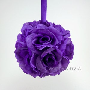 4.5&quot; diameter - PURPLE Silk Flower Kissing Ball Pomanders Floral Decor with Satin Ribbon Handle (3 pieces)