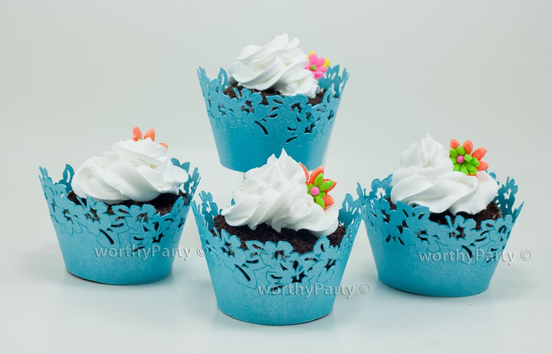 Sakura Floral Blue Turquoise - Malibu - Elegant Laser Cut Lace Cupcake ...