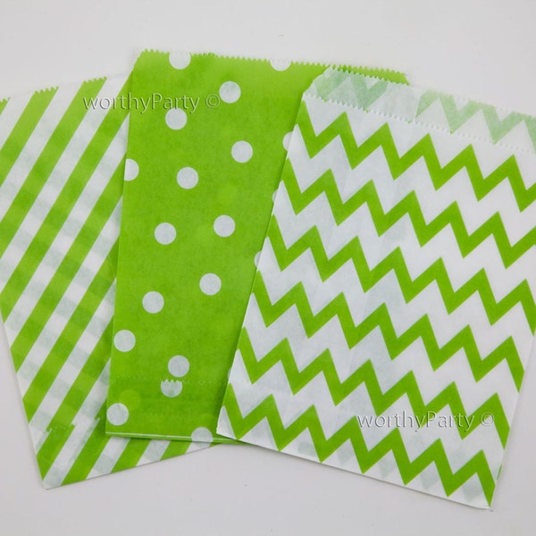 LIME GREEN Chevron Diagonal Stripe Polka Dot Kraft Paper Goodie Treat Bags, Party Favor Bags with White Polka Dots (5"x7"- 24 count)