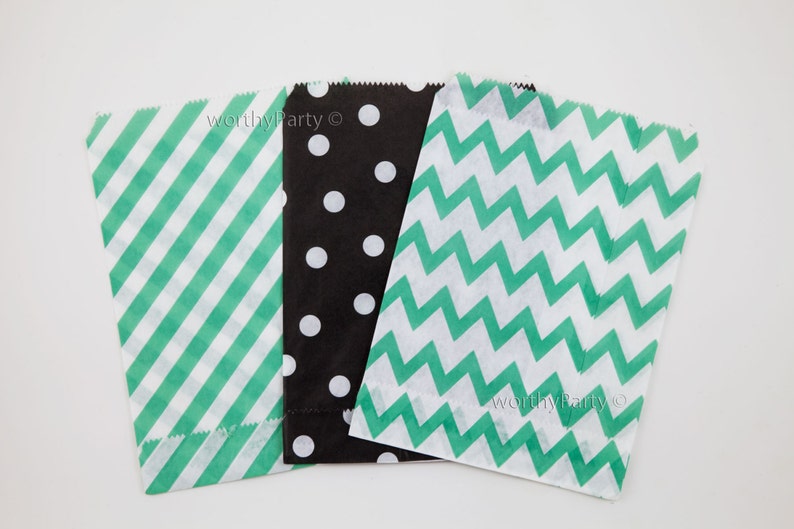 MINT GREEN Chevron Diagonal Stripe Polka Dot Kraft Paper Goodie Treats Bags, Party Favor Bags 5x7 24 count image 2