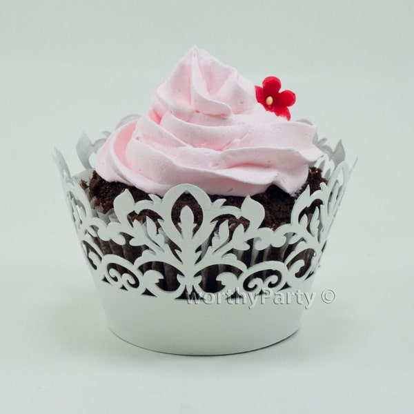 Classic Damask Filigree White Shimmer- Elegant Laser Cut Lace Wedding Cupcake / Muffin  Wrappers - (set of 12)