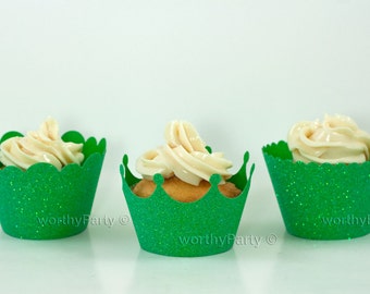 30% OFF Light Green Glitter Sparkling Cupcake / Muffin Wrappers - Crown, Scalloped, Mini Scalloped - 3 Assorted designs (set of 12)