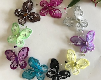 12 pcs Nylon Butterfly Embellishments Wedding Decor, Party Favors, Floral Decor, Table Scatters, Centerpiece Decor ( Available in 9 colors )