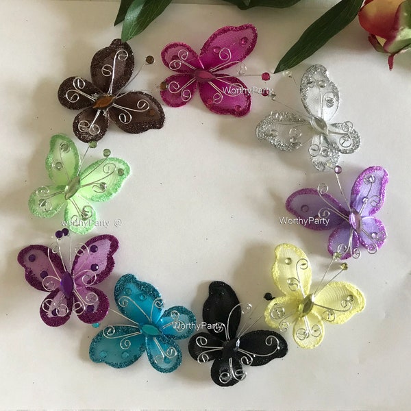 12 pcs Nylon Butterfly Embellishments Wedding Decor, Party Favors, Floral Decor, Table Scatters, Centerpiece Decor ( Available in 9 colors )