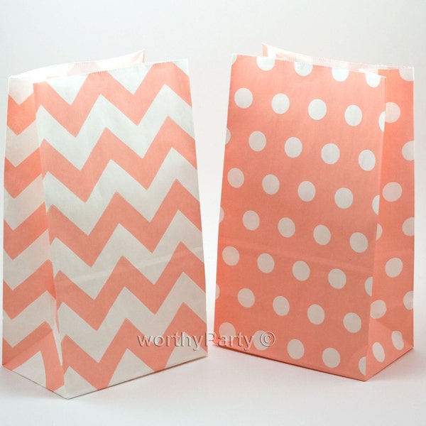 SALMON PINK Chevron Polka Dot Kraft Paper Popcorn Stand Up Bags, Party Favor Bags (5"x8.5" Gusset / Flat Bottom)