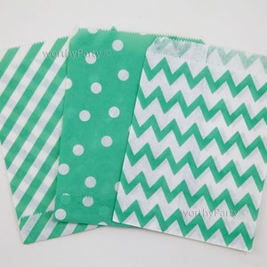 MINT GREEN Chevron Diagonal Stripe Polka Dot Kraft Paper Goodie Treats Bags, Party Favor Bags 5x7 24 count image 1