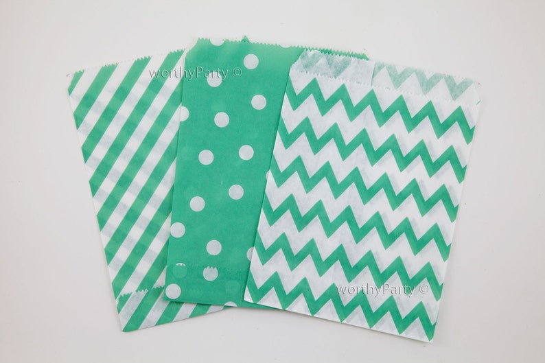 MINT GREEN Chevron Diagonal Stripe Polka Dot Kraft Paper Goodie Treats Bags, Party Favor Bags 5x7 24 count image 1