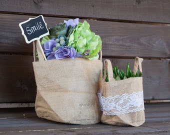 Jute Round Gusseted Gift Favor Flowers Holders Bags - Rustic Vintage NATURAL Color with laminated lining (Set of 6)