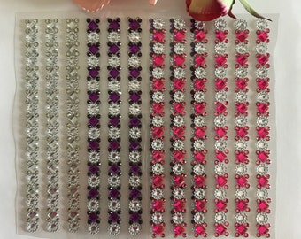 Set of 3 - Diamond Flower Rhinestone Embellishment Fuchsia Silver Purple Bling Stickers USD 1.95 per sheet