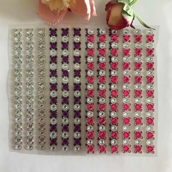 Set of 3 - Diamond Flower Rhinestone Embellishment Fuchsia Silver Purple Bling Stickers USD 1.95 per sheet