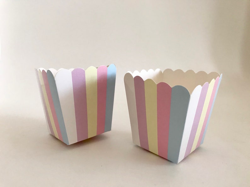 RAINBOW UNICORN Inspired Striped Mini Treats Candy Nut Popcorn Goodie & Favor Cups/Boxes set of 10 image 1