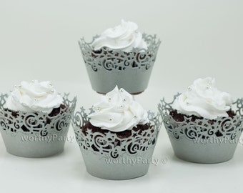 STARS SILVER Shimmer - Elegant Laser Cut Lace Cupcake / Muffin  Wrappers - (set of 12)