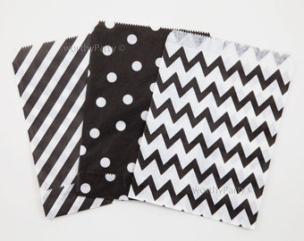 BLACK Chevron Diagonal Stripes Polka Dot Kraft Paper Goodie Treats Bags, Party Favor Bags (5"x7" - 24 count)