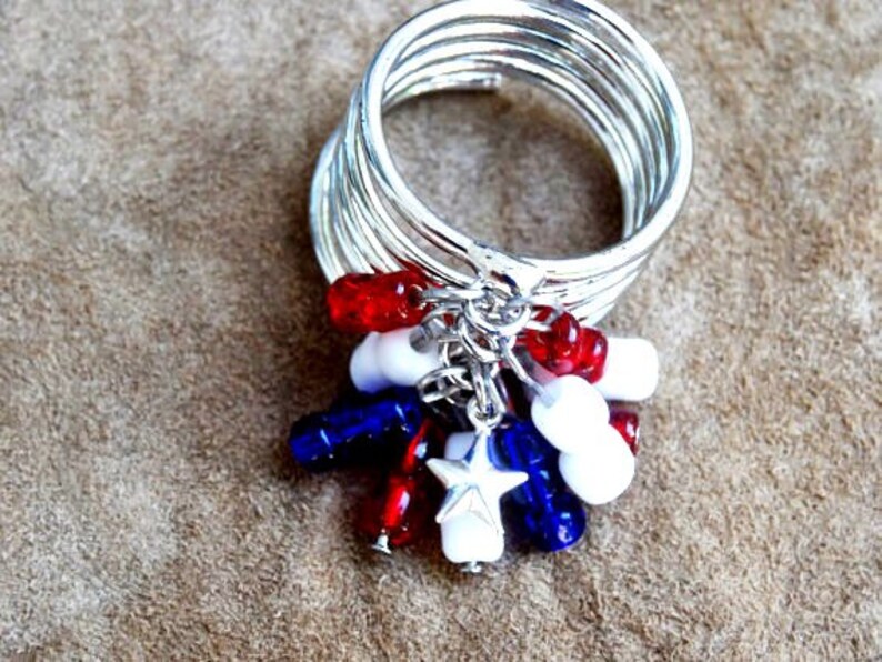 Patriotic Red/White/Blue Stacked Coil Star Charm Cha Cha Ring image 2