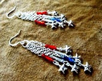 Patriotic/American Flag "Red, White, Blue" Beaded Fringe & Silver Star Chandelier Earrings