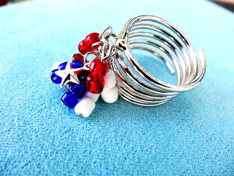 Patriotic Red/White/Blue Stacked Coil Star Charm Cha Cha Ring image 4