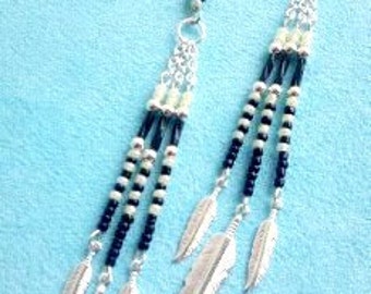 Southwestern Multidangle Fringe Seed Bead Silver Feather Chandelier Earrings