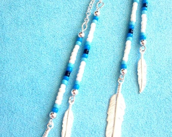 Southwestern Seed Bead Multidangle Shoulder Duster Silver Feather Earrings
