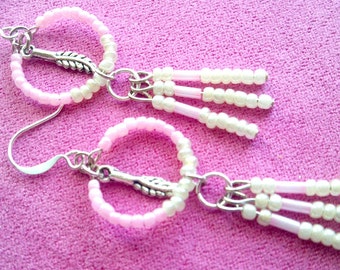 Pink & Pearl White Seed Bead Fringe Southwestern Style Hoop Earrings With Silver Feather