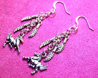 Tribal/Southwestern/Boho/Gypsy/Hippie/Native American Style Totem Silver Horse & Feather Charm Dangle Earrings