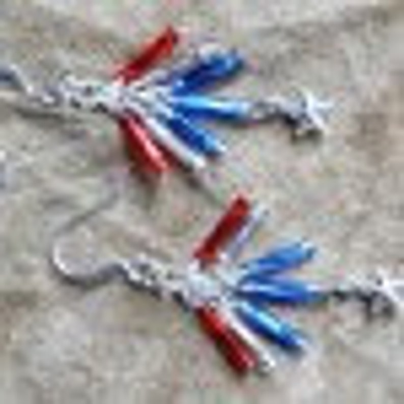 May include: A pair of red, white, and blue beaded earrings with star accents. The earrings are made with small, cylindrical beads and have a dangling design.