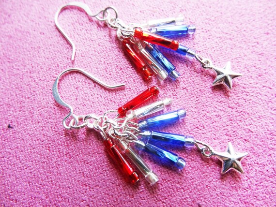 4th of July Patriotic Boho/Country Western/Tribal Red White Blue Star Firecracker Earrings
