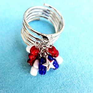 Patriotic Red/White/Blue Stacked Coil Star Charm Cha Cha Ring image 1