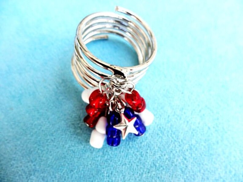 Patriotic Red/White/Blue Stacked Coil Star Charm Cha Cha Ring image 1