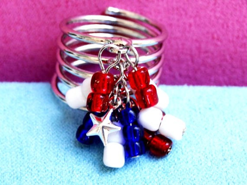 Patriotic Red/White/Blue Stacked Coil Star Charm Cha Cha Ring image 5
