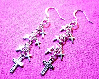 Rocker/Biker/Boho/Western/Spanish/Faith Silver Cross Charm Dangle Earrings