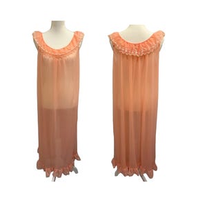 Vintage 1960s/1970s Komar Full-Length Sheer Peach Colored Nightgown with Ruffles | Elegant and Feminine Sleepwear | Size Medium