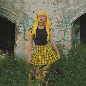 Tartan Grunge Yellow Mini Skirt With Pleats, Plaid Preppy Skater High Waist Skirt, Punk Short Skirt,  Made to Order, Plus Sizes Available