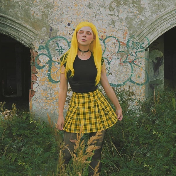 Minijupe jaune grunge tartan avec plis, jupe patineuse preppy à carreaux taille haute, jupe courte punk, sur commande, grandes tailles disponibles