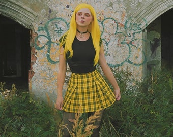 Tartan Grunge Yellow Mini Skirt With Pleats, Plaid Preppy Skater High Waist Skirt, Punk Short Skirt,  Made to Order, Plus Sizes Available