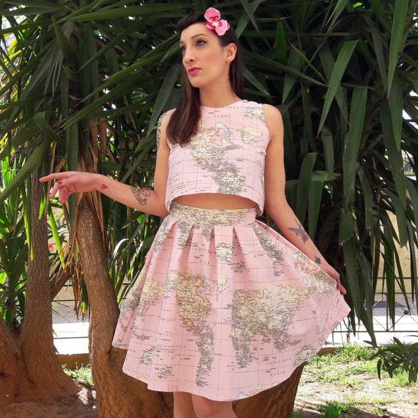 World Map Crop Top and Skirt Dress in Pink, Two Piece Atlas Set Made of Cotton, Wedding and Bridesmaids, Plus Sizes Available, Made to Order