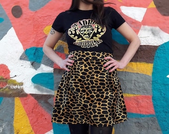 Animal Print Faux Fur Mini Skirt: Vegan Giraffe A-Line Skater Skirt