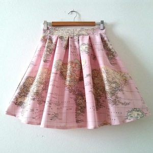 Skater Pink World Map Skirt Made of Cotton, Atlas High Waist Skirt with Pockets, Bridesmaids and Wedding Skirt , Plus Sizes Available
