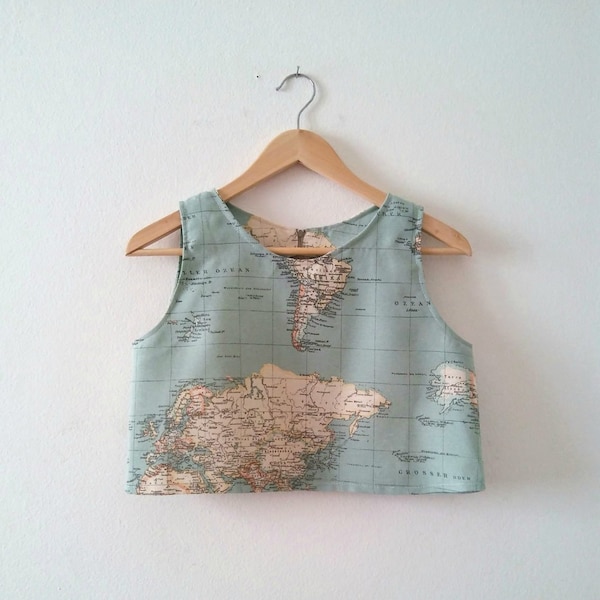 World Map Crop Top Made of Cotton,  Atlas  Printed Summer Top, Bridesmaids and Wedding Top, Plus Sizes Available,  Made to Order