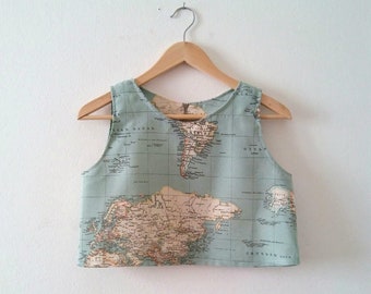 World Map Crop Top Made of Cotton,  Atlas  Printed Summer Top, Bridesmaids and Wedding Top, Plus Sizes Available,  Made to Order