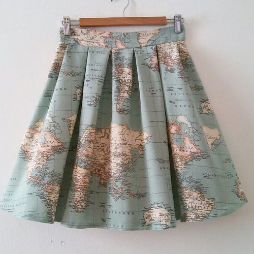Skater Map Skirt with Pockets in Blue Green, Atlas Print Cotton Skirt with Pleats, Bridesmaids and Wedding, Plus Sizes, Made to Order