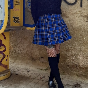 Tartan Skater Grunge Skirt in Blue, Plaid Preppy Mini Skirt with Pleats, Punk Gingham Short Skirt, Made to Order, Plus Sizes