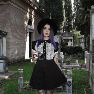 Black Mini Dress with Puffy Sleeves, Gothic Witchy Halloween Little Black Dress with Collar and Lace , Plus Sizes Available, Made to Order