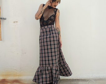 Tartan Maxi Taffeta Skirt, Prairie Plaid Black Full Length Skirt with Pockets, Victorian Long Gingham Skirt, Cottagecore Rustic Skirt