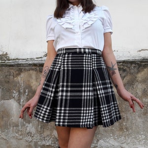 Plaid Black and White Grunge Skirt with Pleats, Tartan Punk Mini Pleated Skirt, Preppy B/W Skirt, Made to Order, Plus Sizes are Available